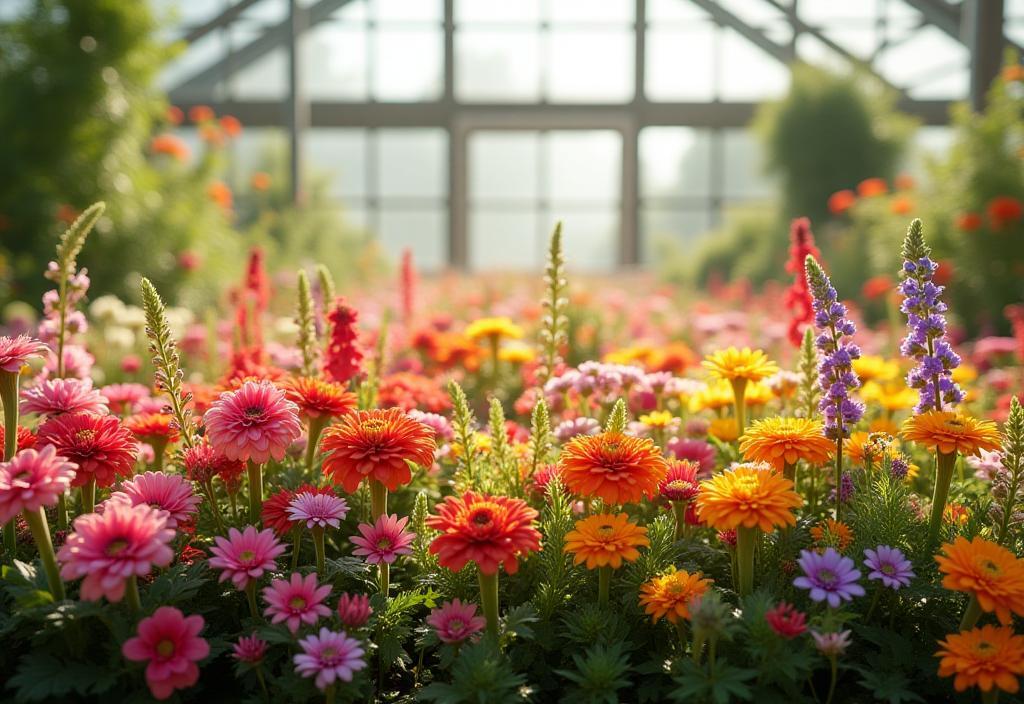 色とりどりの花束が並ぶ温室の写真